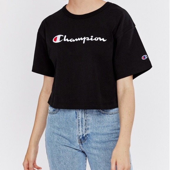 NWOT-Champion Heritage Boxy Cropped Black Script Tee. Size: small - Picture 2 of 8